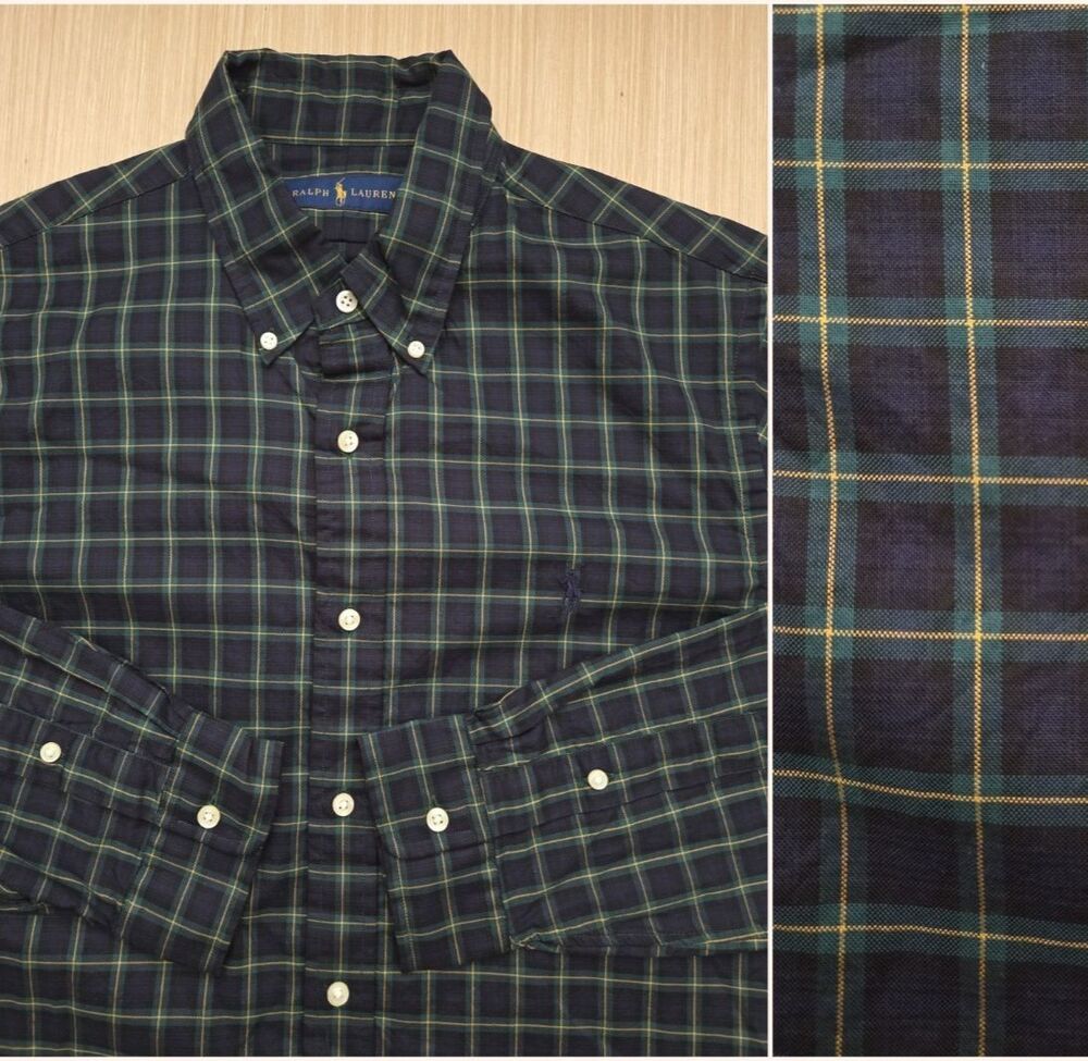 Ralph Lauren Men's L Navy Green Plaid Button Down Shirt Long Sleeve 100 Cotton